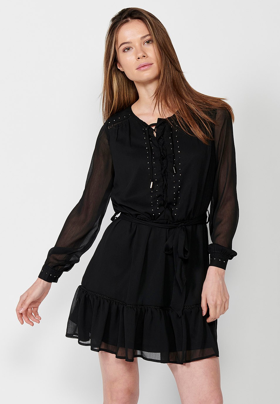 Black Long Sleeve Short Dress with Laces at the Neckline and Shiny Details and Inserts for Women