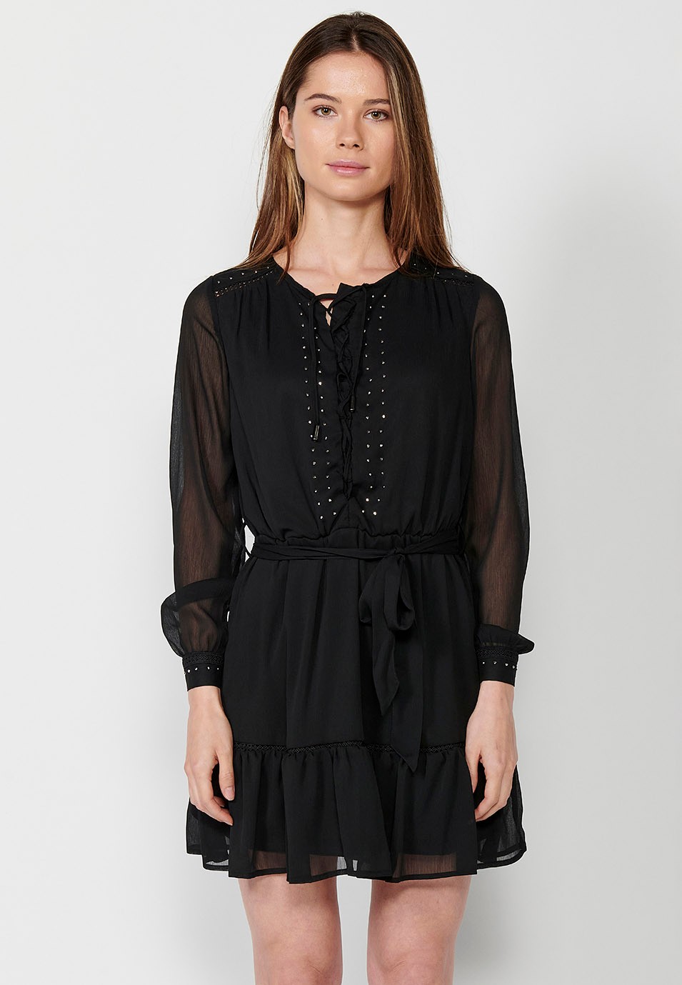 Black Long Sleeve Short Dress with Laces at the Neckline and Shiny Details and Inserts for Women