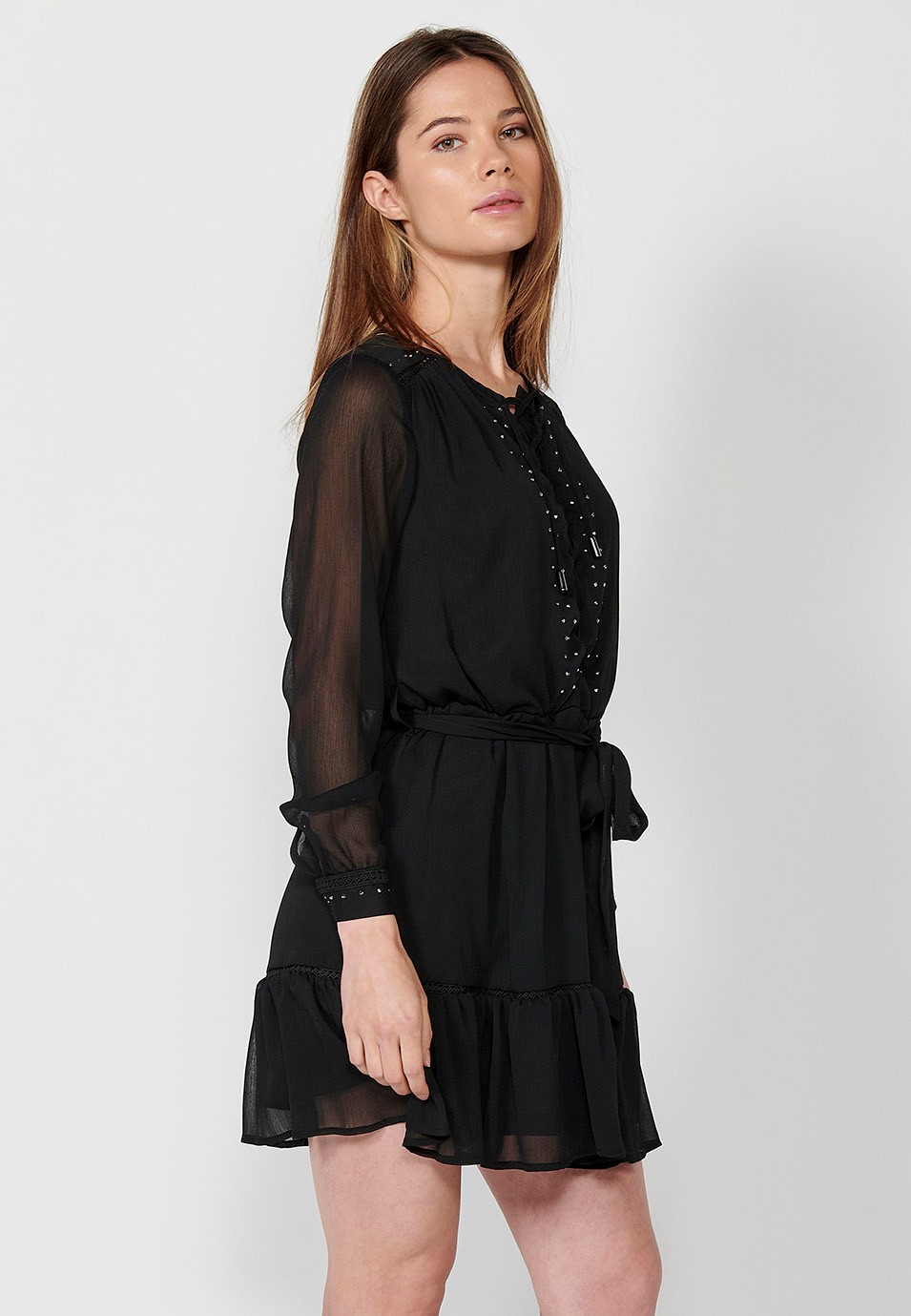 Black Long Sleeve Short Dress with Laces at the Neckline and Shiny Details and Inserts for Women