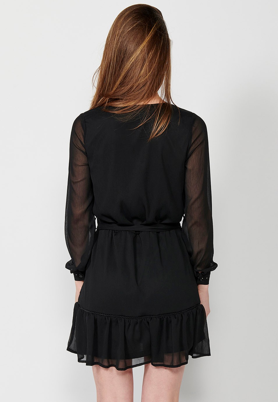 Black Long Sleeve Short Dress with Laces at the Neckline and Shiny Details and Inserts for Women