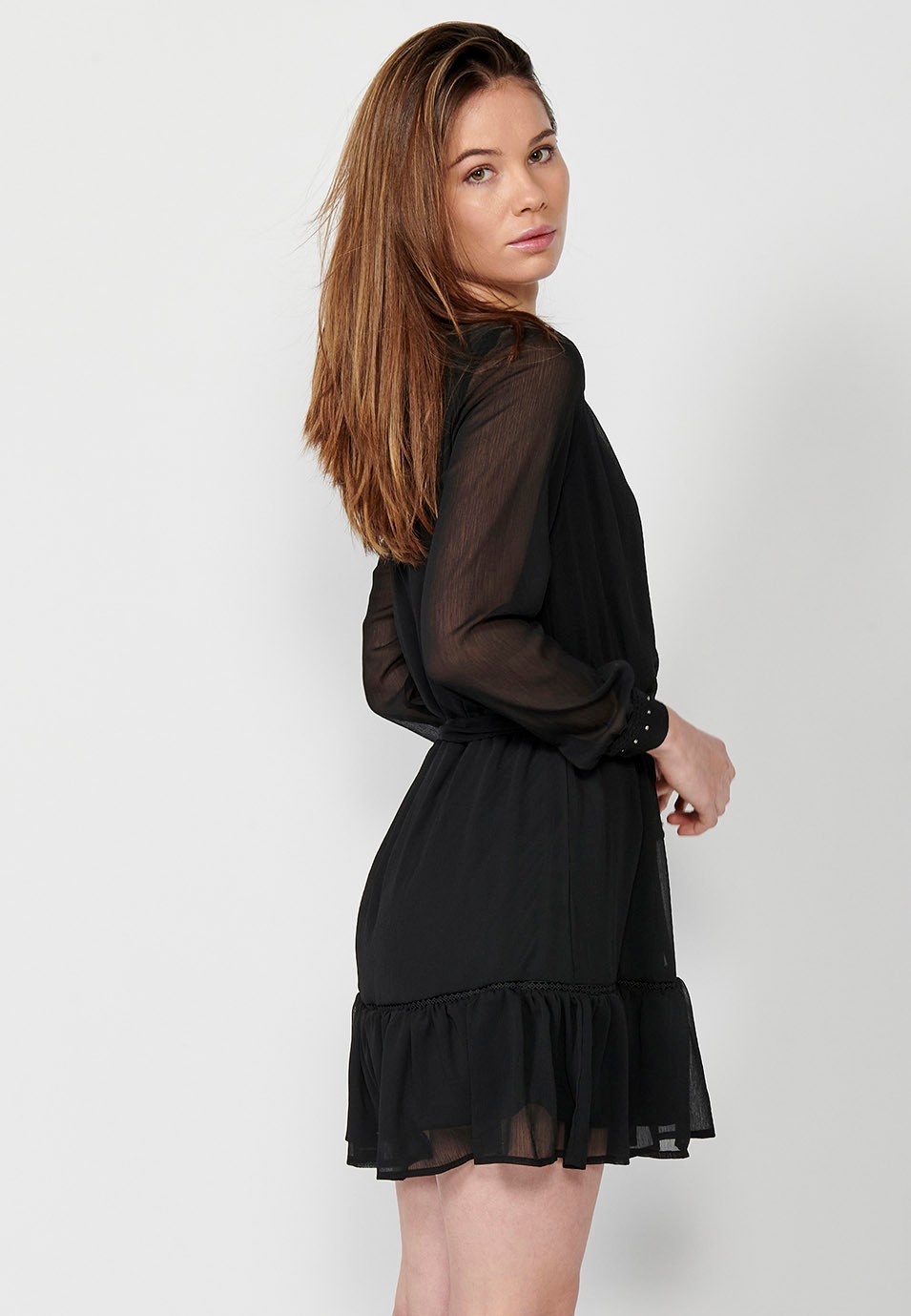 Black Long Sleeve Short Dress with Laces at the Neckline and Shiny Details and Inserts for Women