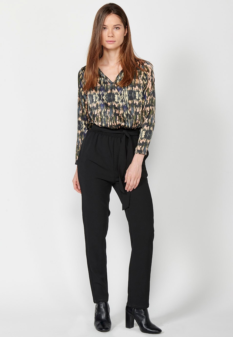 Women's Printed Cross Neckline Long Trousers Jumpsuit with Elasticated Waistband in Black