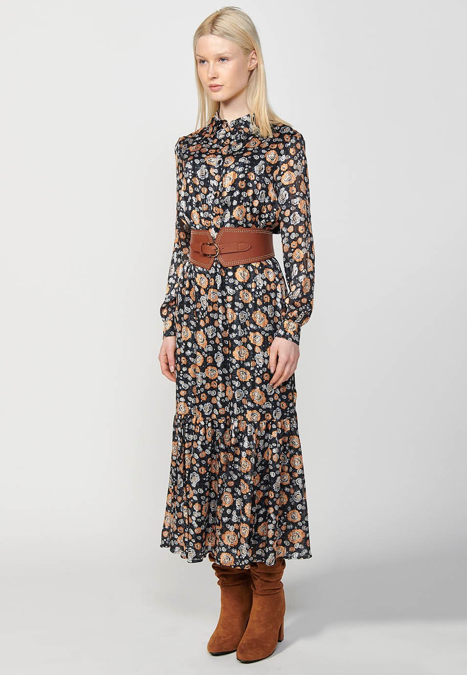 Long shirt-neck dress with long sleeves and a floral print in brown and ochre tones with a ruffle at the bottom and elastic at the waist in Multicolor for Women