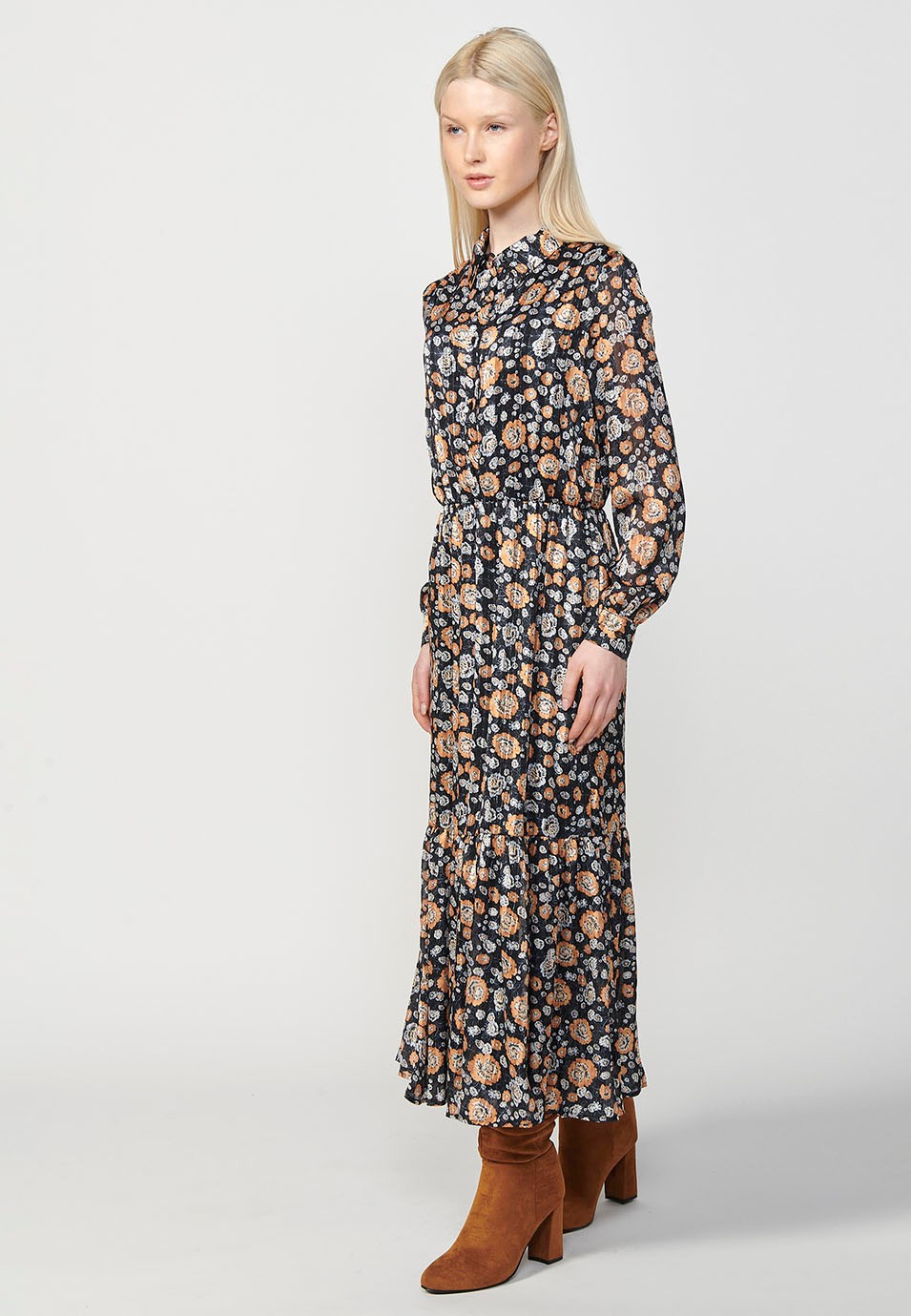 Long shirt-neck dress with long sleeves and a floral print in brown and ochre tones with a ruffle at the bottom and elastic at the waist in Multicolor for Women