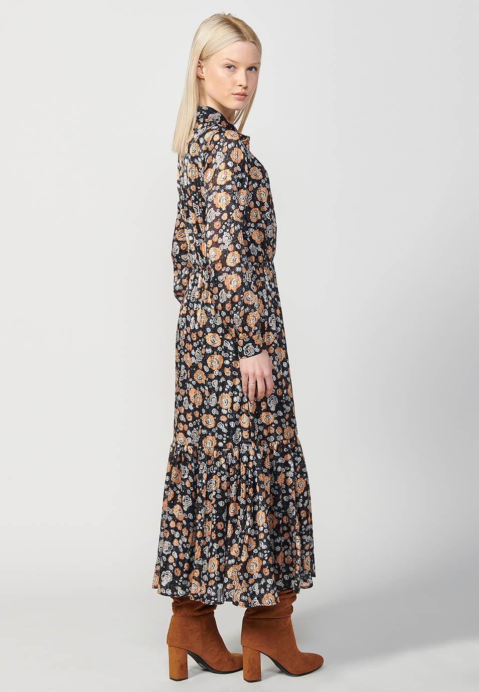 Long shirt-neck dress with long sleeves and a floral print in brown and ochre tones with a ruffle at the bottom and elastic at the waist in Multicolor for Women