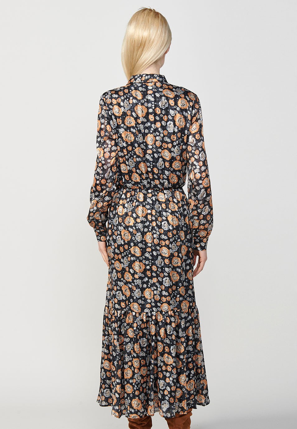 Long shirt-neck dress with long sleeves and a floral print in brown and ochre tones with a ruffle at the bottom and elastic at the waist in Multicolor for Women