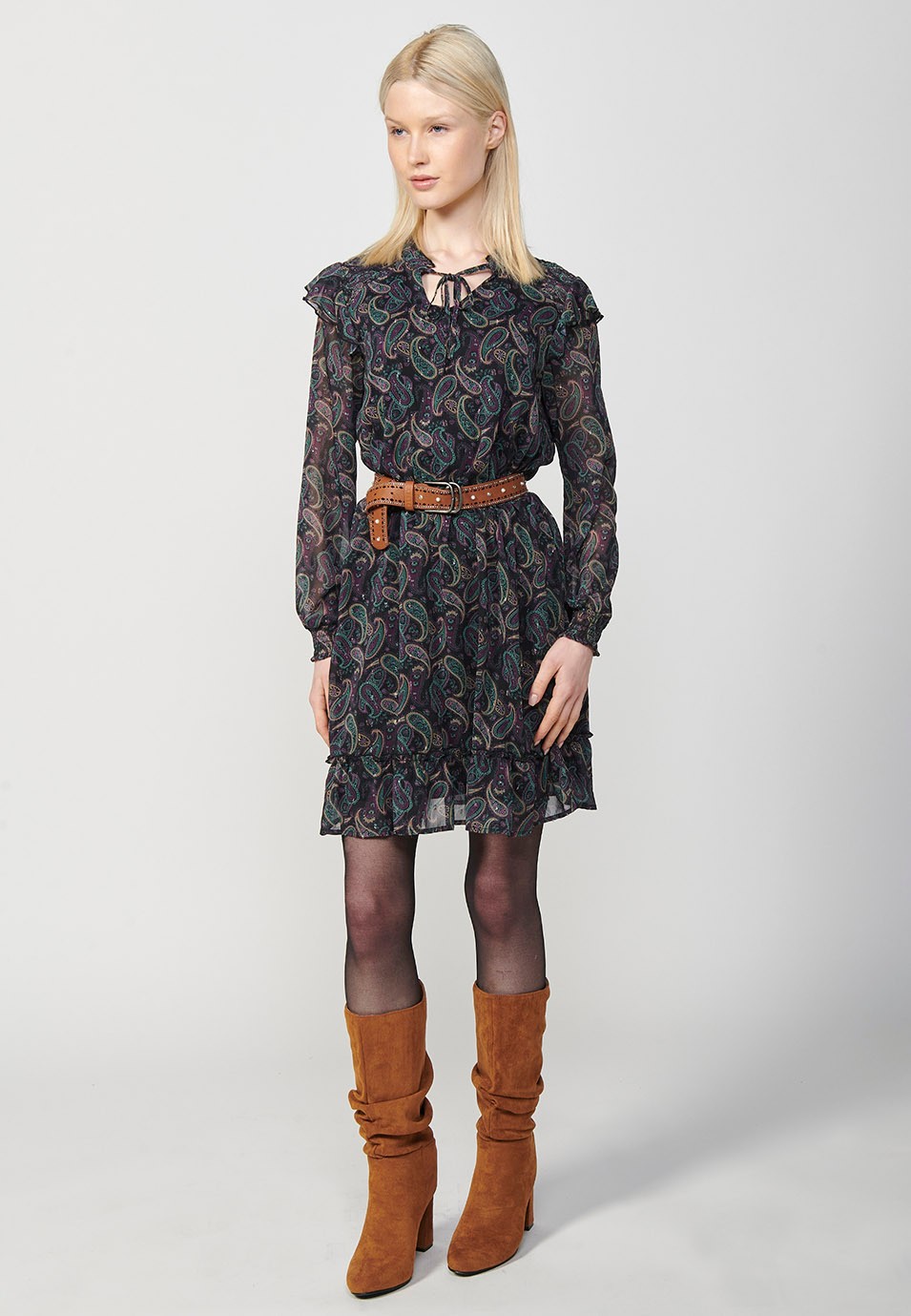 Short long-sleeved dress with a gathered Mao collar and a smock detail on the shoulder with a cashmere print and touches of lurex in multicolour for women