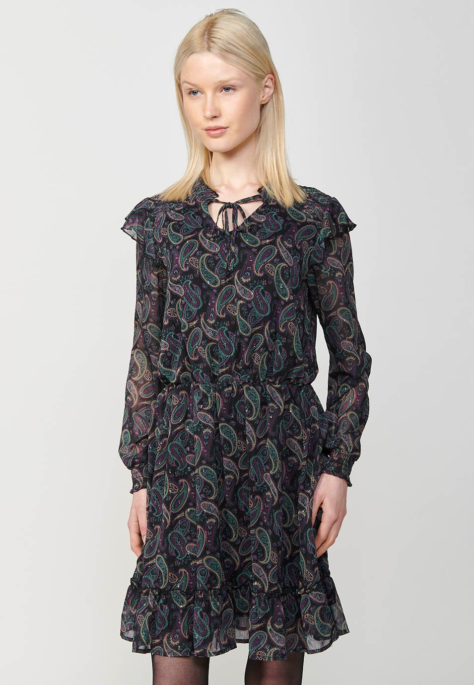 Short long-sleeved dress with a gathered Mao collar and a smock detail on the shoulder with a cashmere print and touches of lurex in multicolour for women