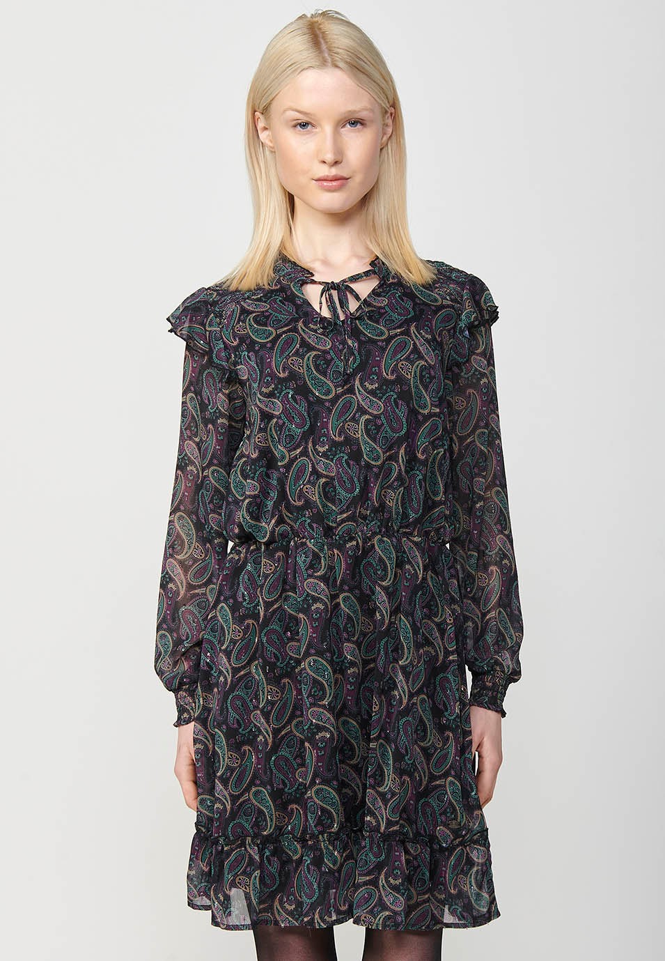 Short long-sleeved dress with a gathered Mao collar and a smock detail on the shoulder with a cashmere print and touches of lurex in multicolour for women