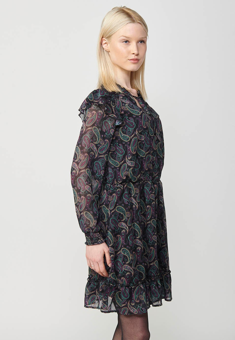 Short long-sleeved dress with a gathered Mao collar and a smock detail on the shoulder with a cashmere print and touches of lurex in multicolour for women