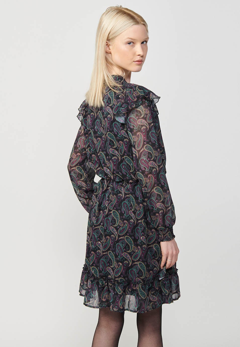 Short long-sleeved dress with a gathered Mao collar and a smock detail on the shoulder with a cashmere print and touches of lurex in multicolour for women