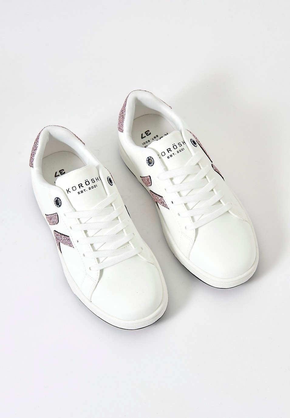 White Lace-Up Sneakers with Pink Glitter Details 1