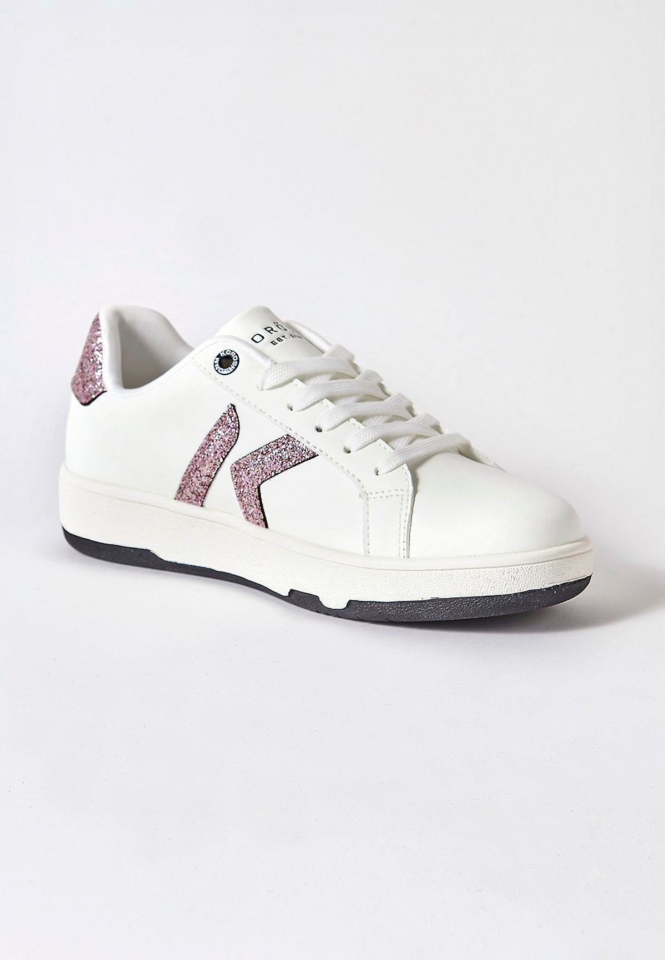 White Lace-Up Sneakers with Pink Glitter Details 3