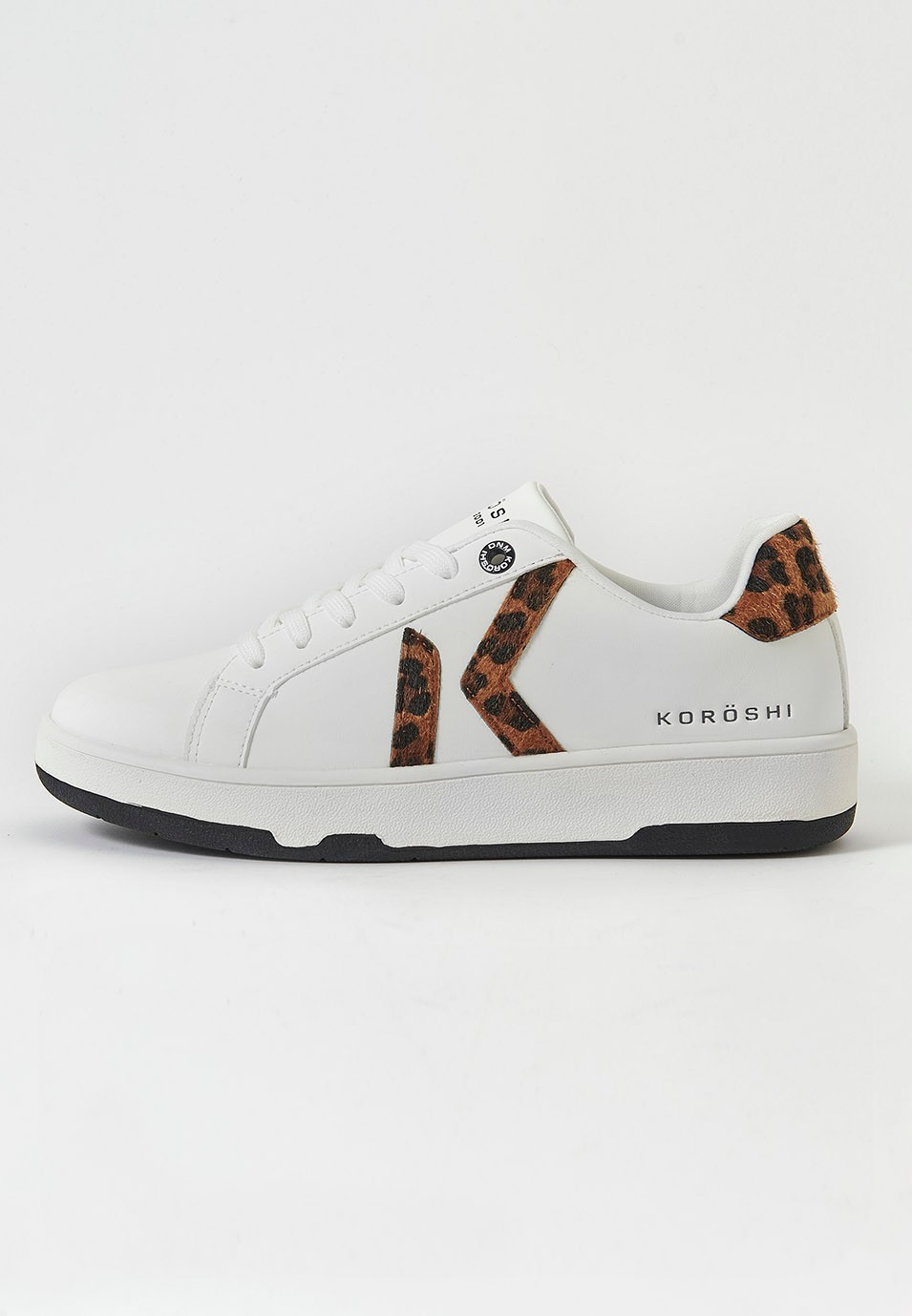 White leather effect trainers with laces and animal print details