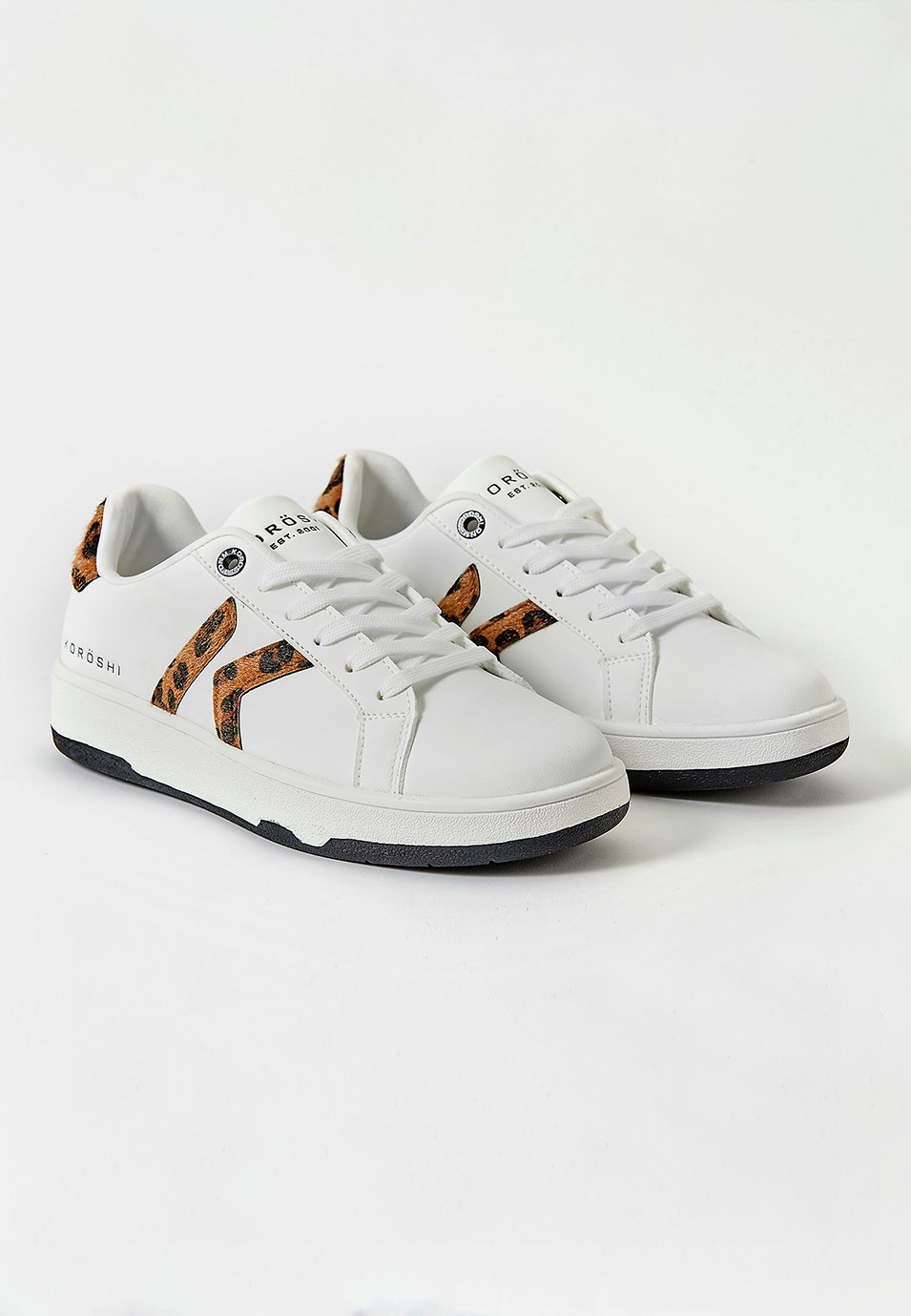 White leather effect trainers with laces and animal print details 2