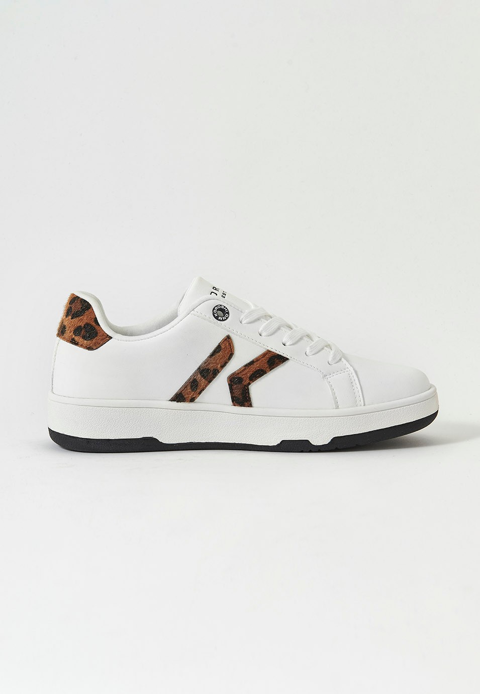 White leather effect trainers with laces and animal print details 3