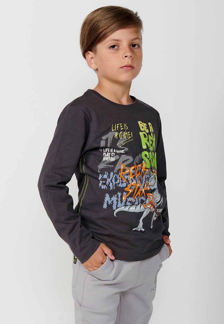 Camiseta de manga larga de algodón con Cuello redondo y Estampado delantero de Dinosaurio color Gris para Niño