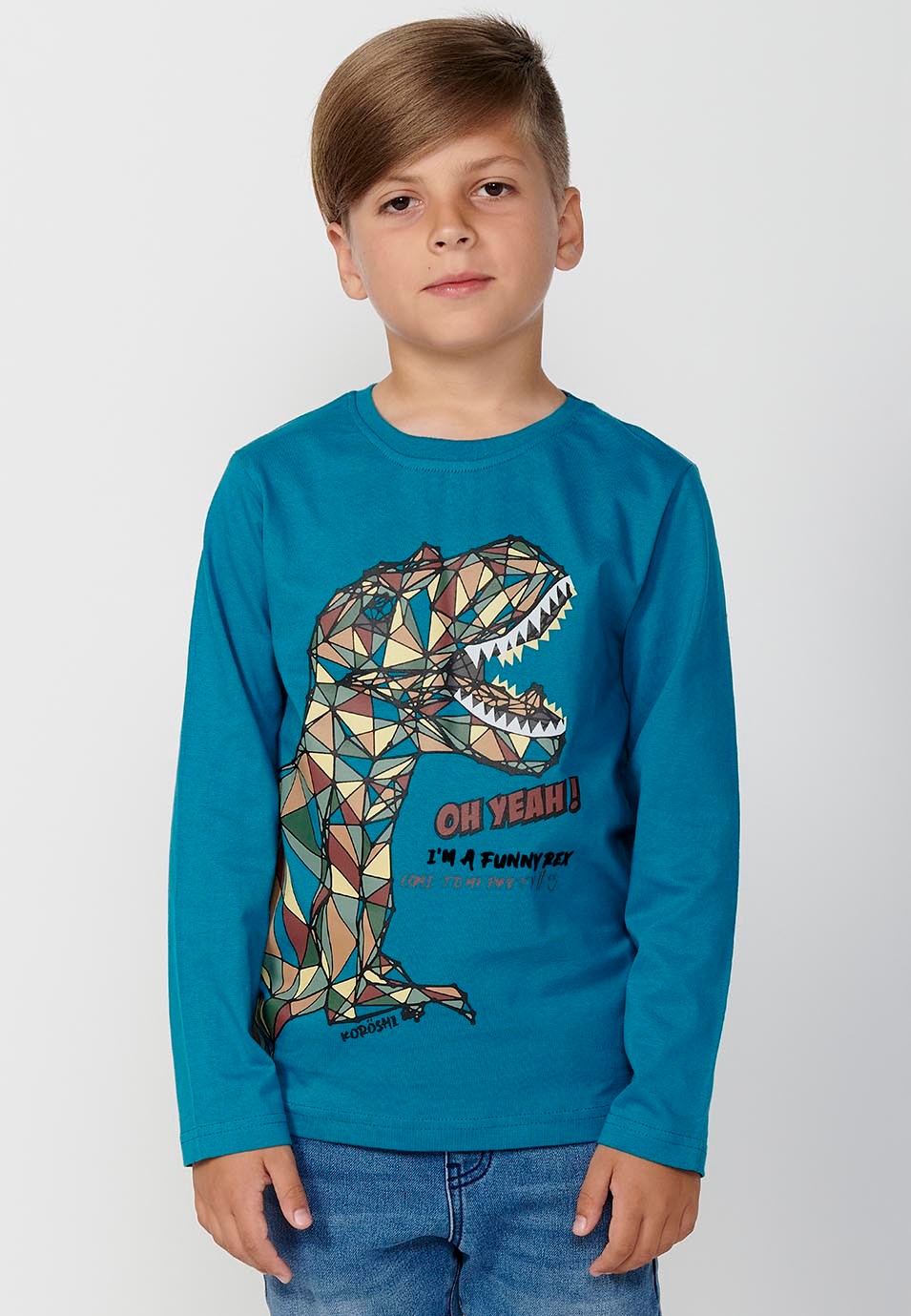 Camiseta de manga larga de Algodón de Cuello redondo con Estampado delantero de Dinosaurio color Petróleo para Niño