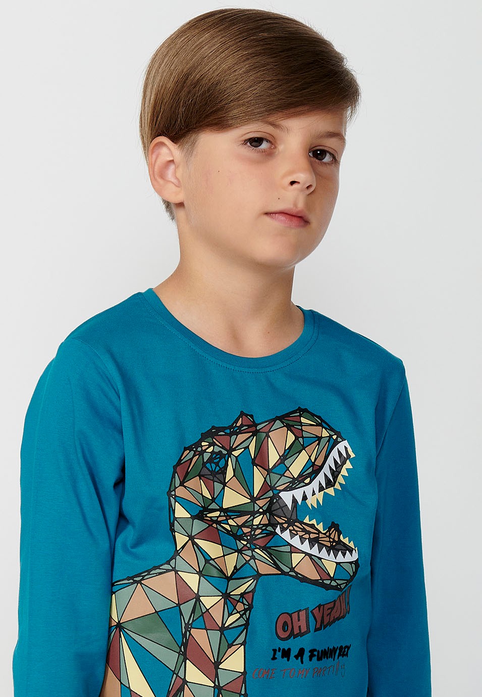 Camiseta de manga larga de Algodón de Cuello redondo con Estampado delantero de Dinosaurio color Petróleo para Niño