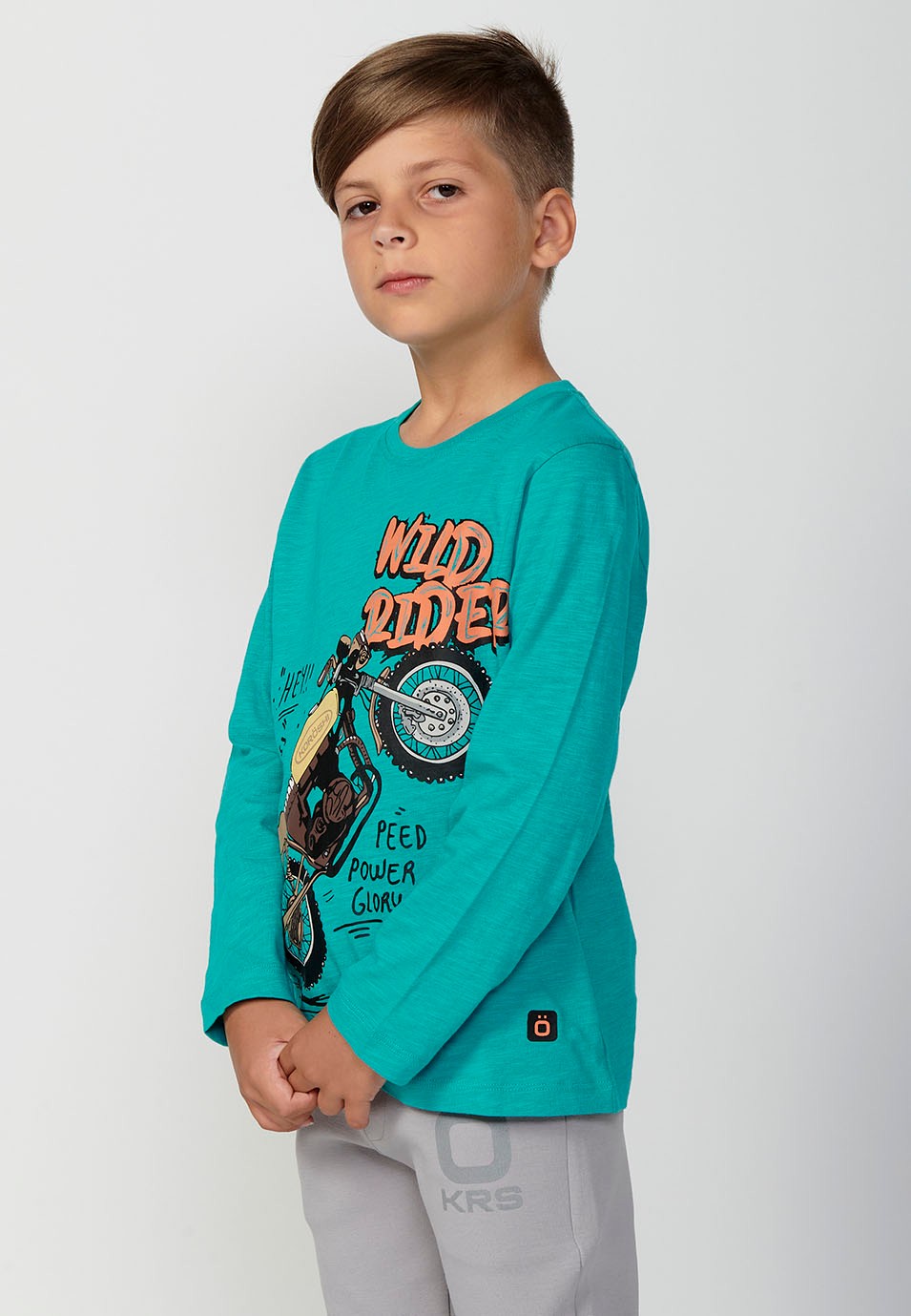 Camiseta de manga larga de Algodón y cuello redondo con Estampado delantero de Color Menta para Niño