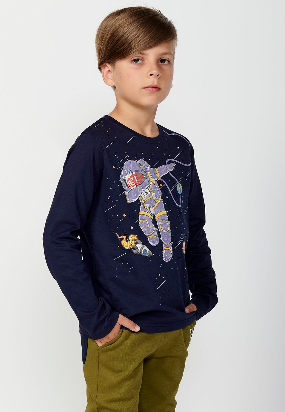 Camiseta de manga larga de Algodón y cuello redondo con Estampado delantero de Color Navy para Niño