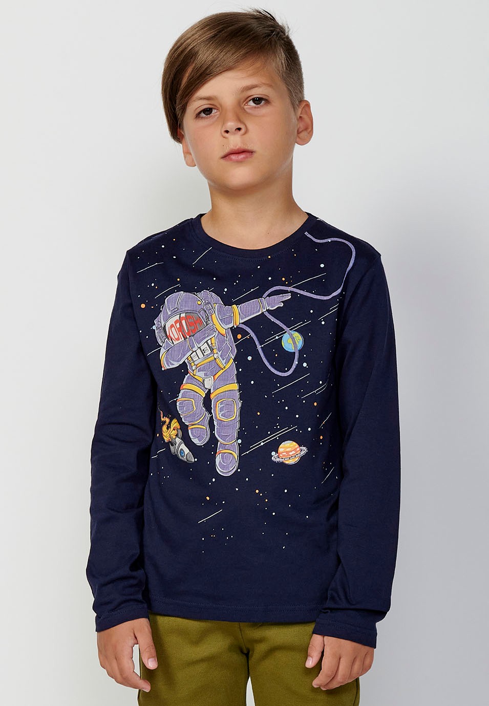 Camiseta de manga larga de Algodón y cuello redondo con Estampado delantero de Color Navy para Niño