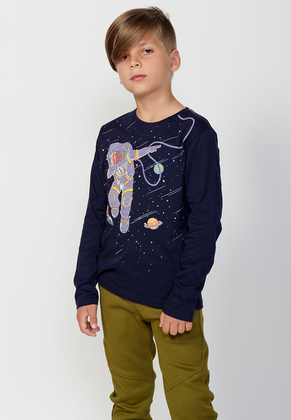 Camiseta de manga larga de Algodón y cuello redondo con Estampado delantero de Color Navy para Niño