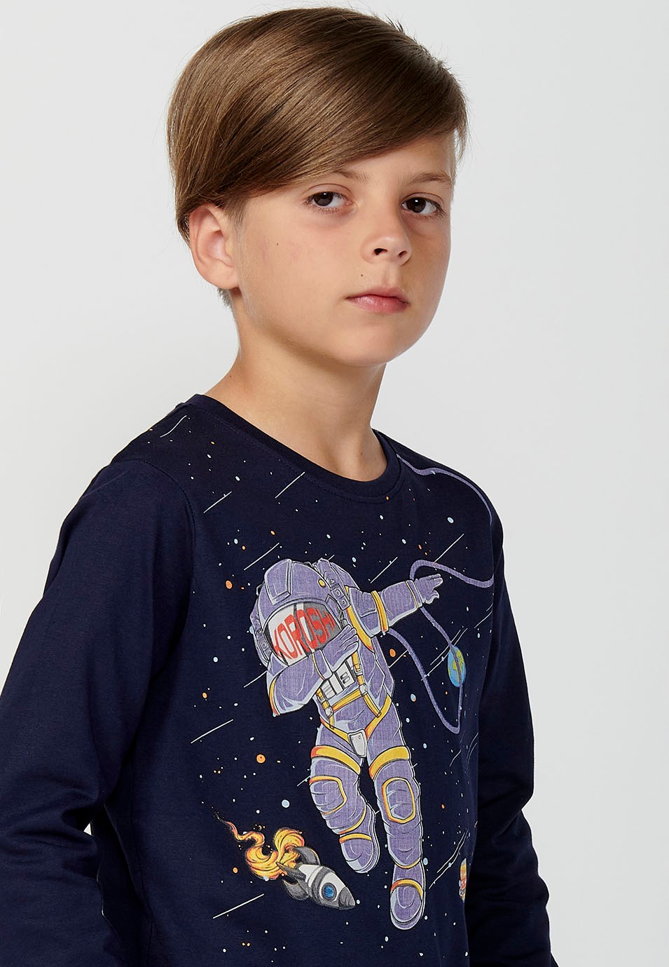 Camiseta de manga larga de Algodón y cuello redondo con Estampado delantero de Color Navy para Niño