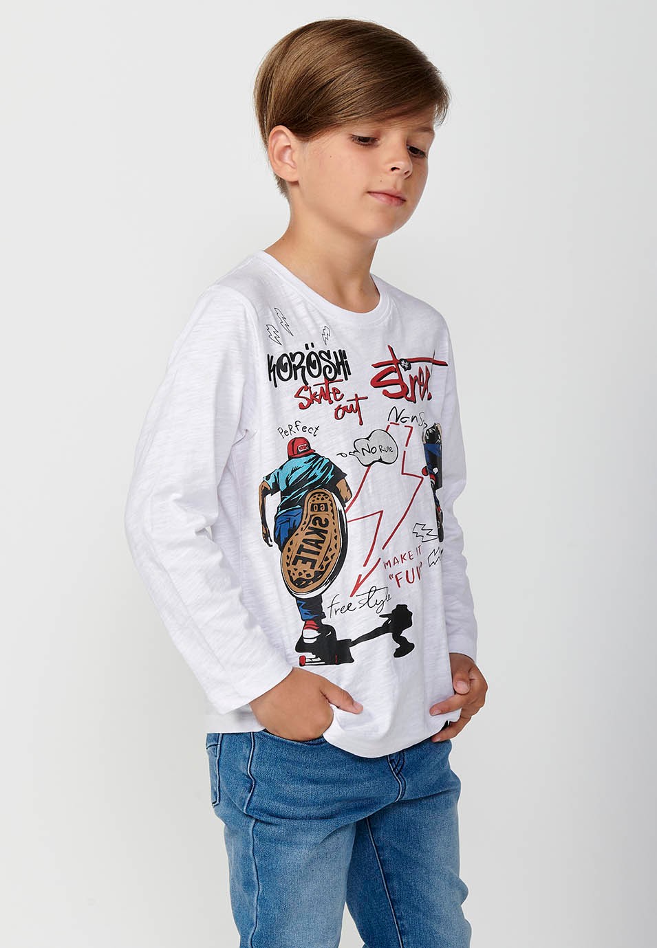 Camiseta de manga larga de Algodón y cuello redondo con Estampado delantero de Color Blanco para Niño