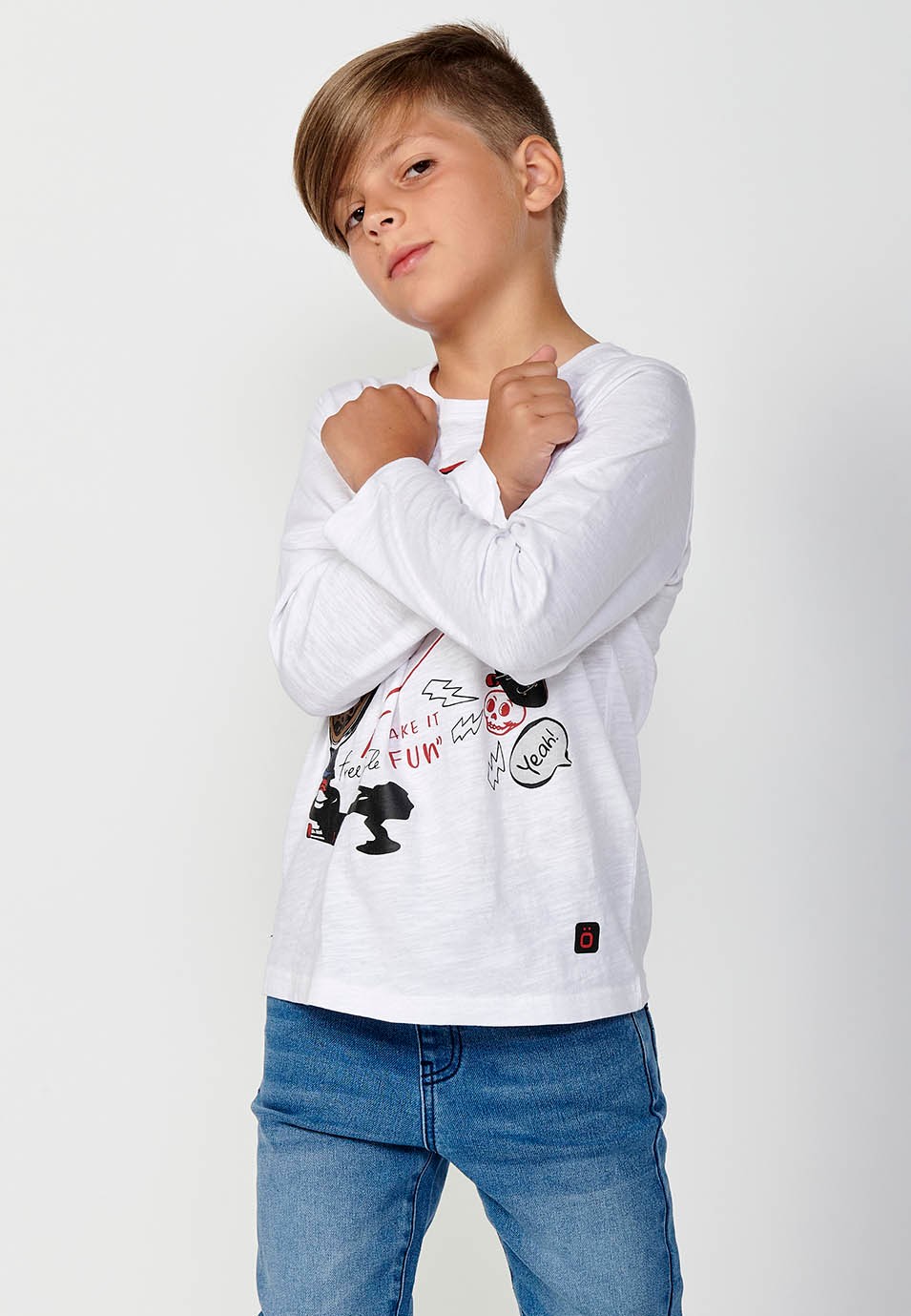 Camiseta de manga larga de Algodón y cuello redondo con Estampado delantero de Color Blanco para Niño