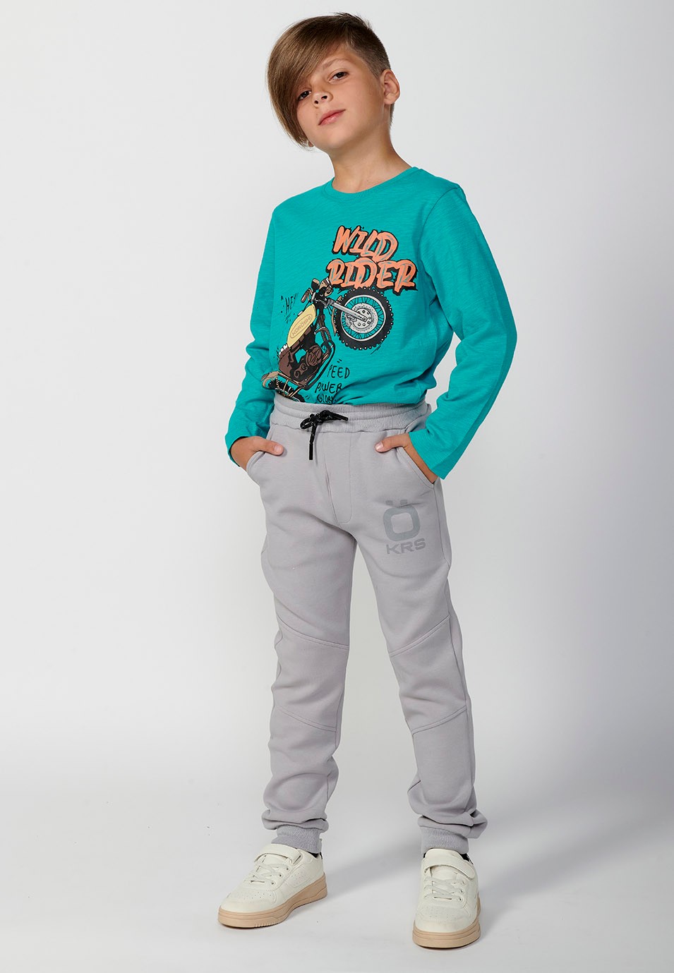 Long trousers with ribbed finish and elasticated waist for boys in grey