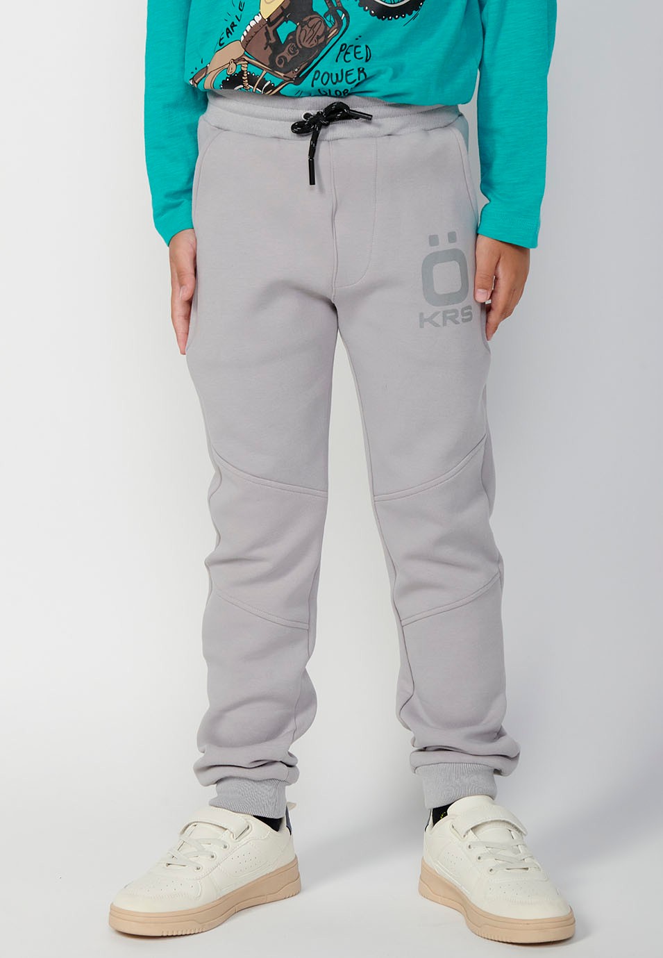 Long trousers with ribbed finish and elasticated waist for boys in grey 3