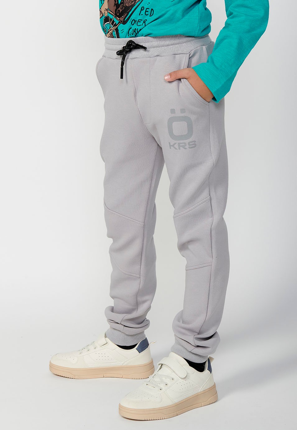 Long trousers with ribbed finish and elasticated waist for boys in grey 5