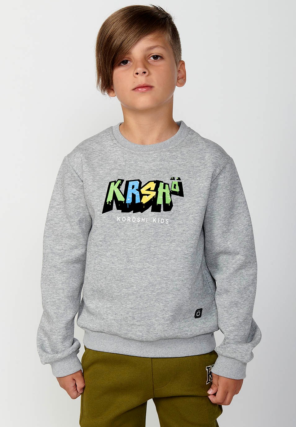 Sudadera de manga larga y cuello redondo con acabados en ribs y estampado delantero para niño de color gris