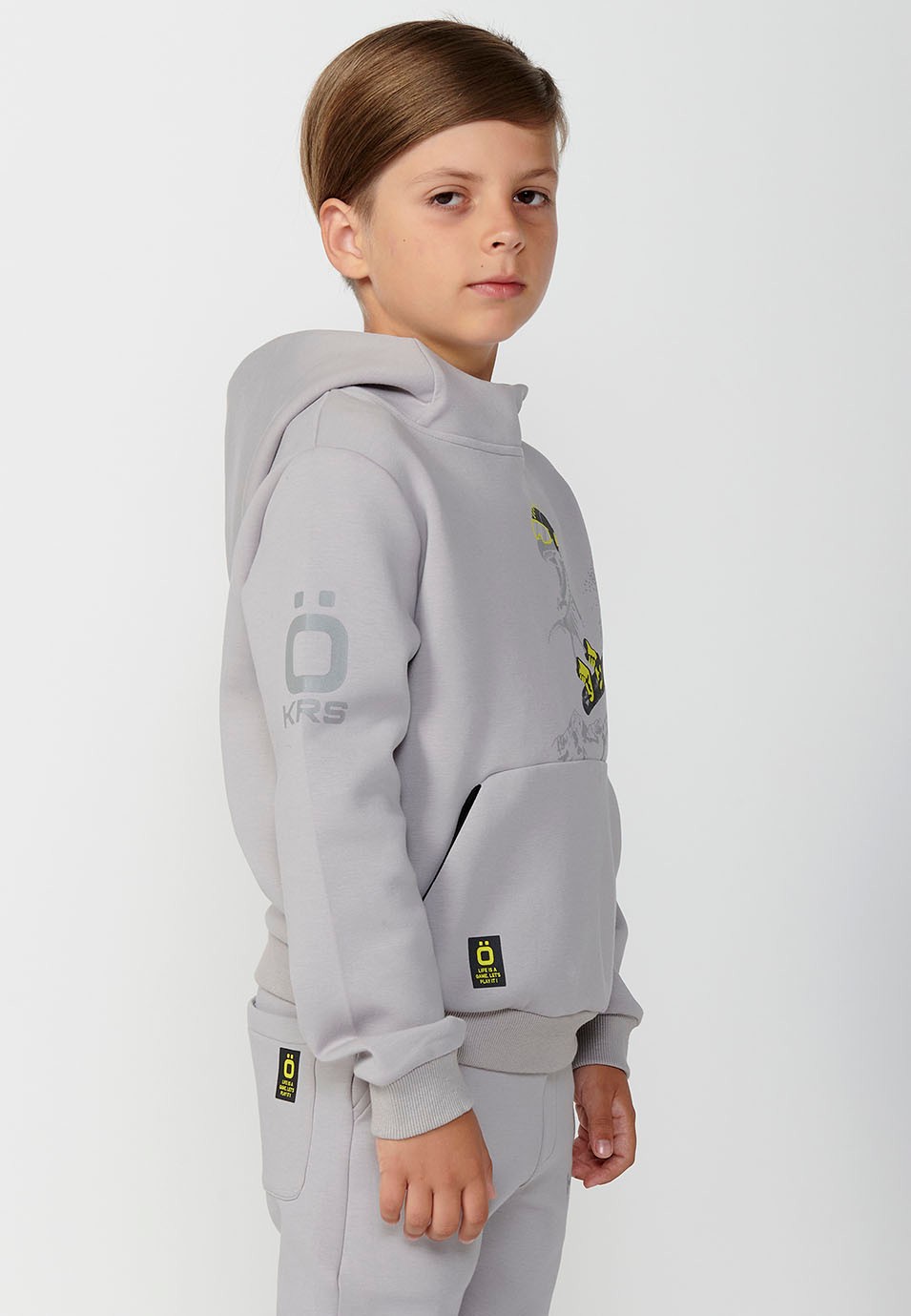 Boys Grey Long Sleeve Hooded Sweatshirt with Front Print and Kangaroo Pocket 4