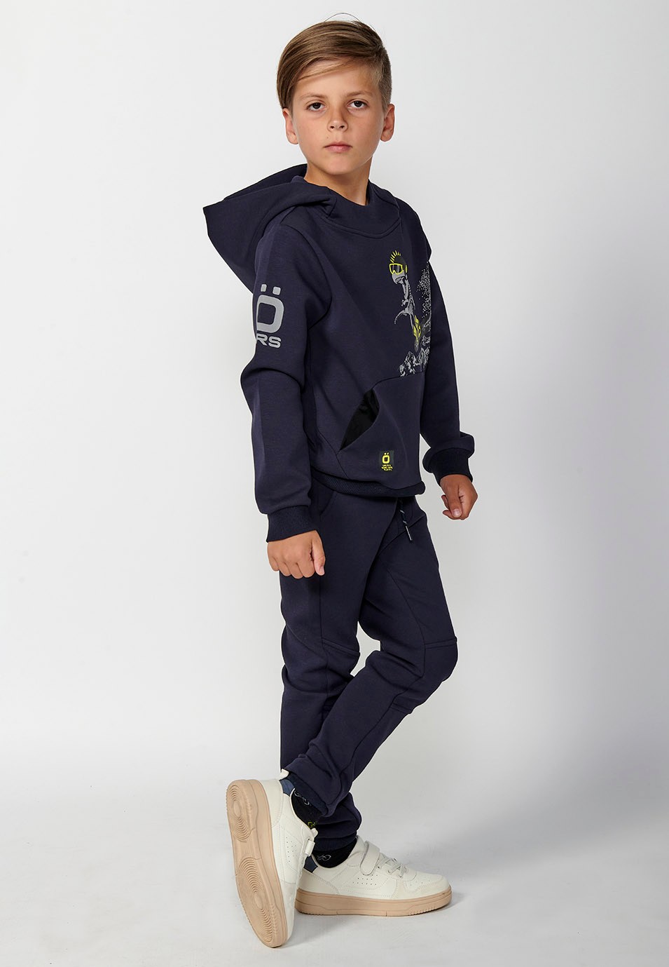 Boys Long Sleeve Hooded Sweatshirt with Front Print and Kangaroo Pocket in Navy 1