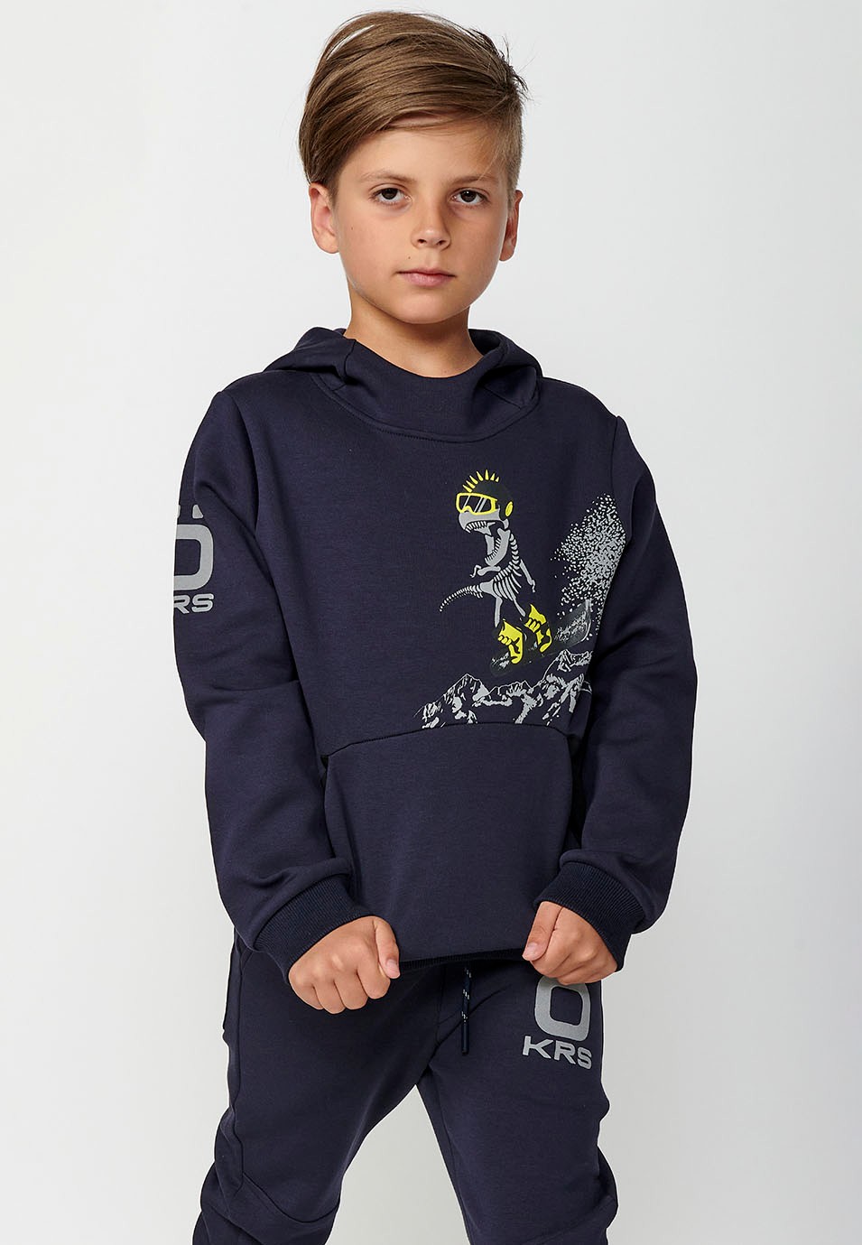 Boys Long Sleeve Hooded Sweatshirt with Front Print and Kangaroo Pocket in Navy 3