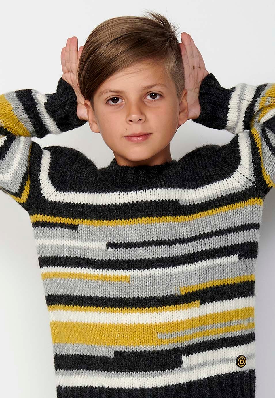 Jersey Tricot de cuello redondo de Manga larga, geométrico de color Negro para Niño