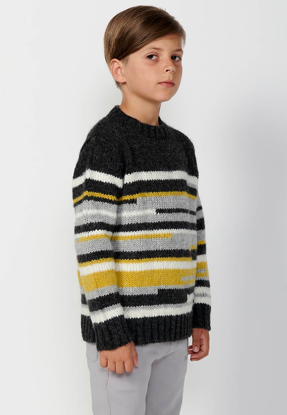 Jersey Tricot de cuello redondo de Manga larga, geométrico de color Negro para Niño