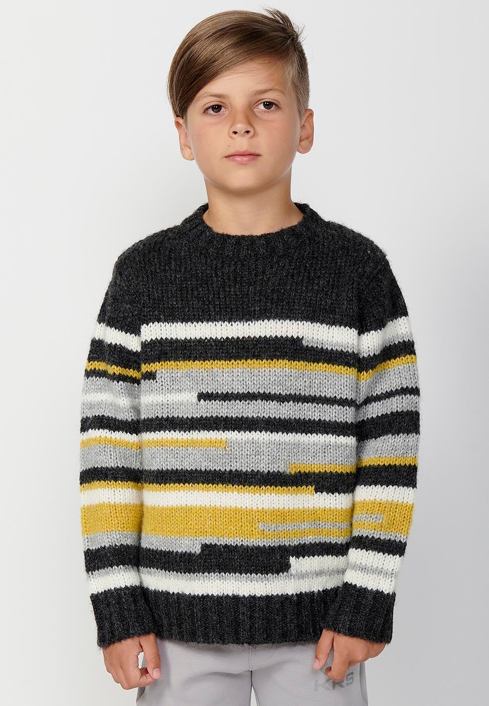 Jersey Tricot de cuello redondo de Manga larga, geométrico de color Negro para Niño