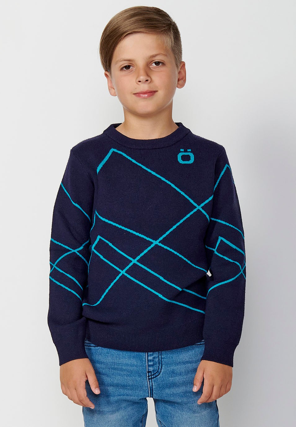 Jersey tricot de Cuello redondo y manga larga con Detalles geométricos color Navy para Niño