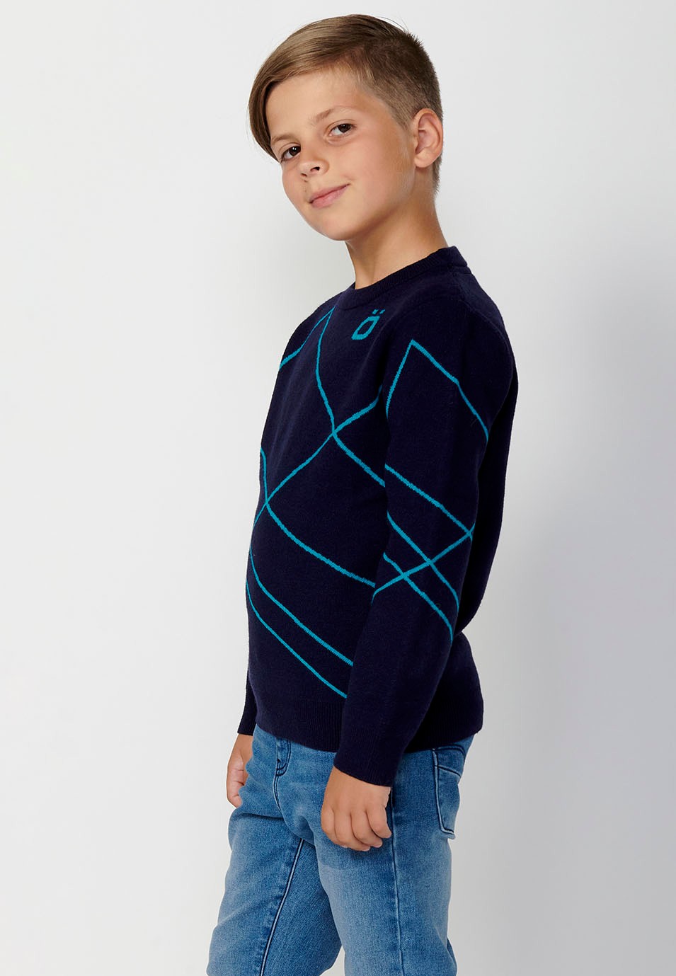 Jersey tricot de Cuello redondo y manga larga con Detalles geométricos color Navy para Niño