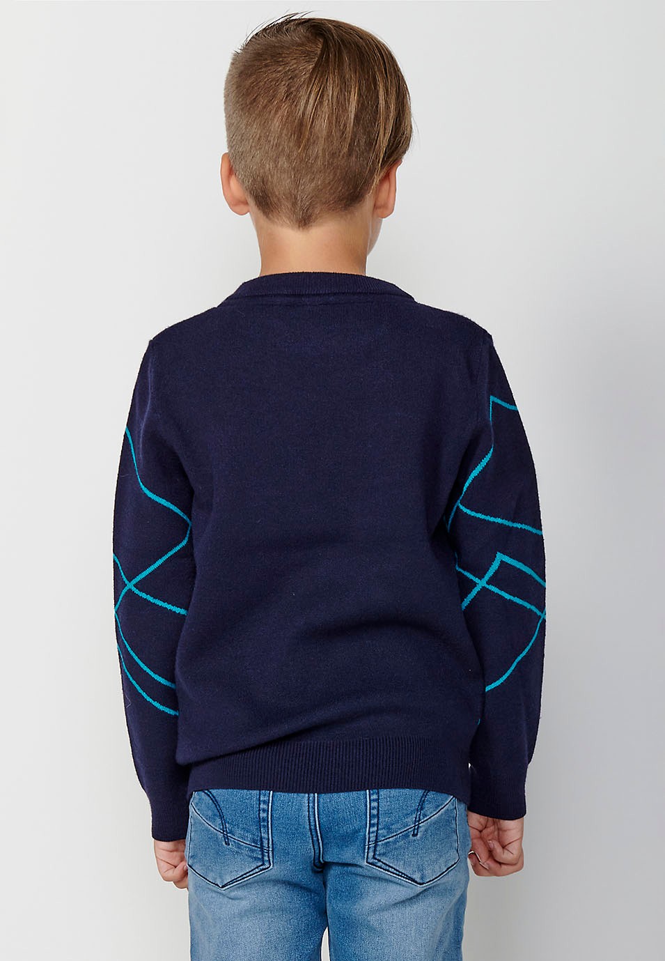 Jersey tricot de Cuello redondo y manga larga con Detalles geométricos color Navy para Niño