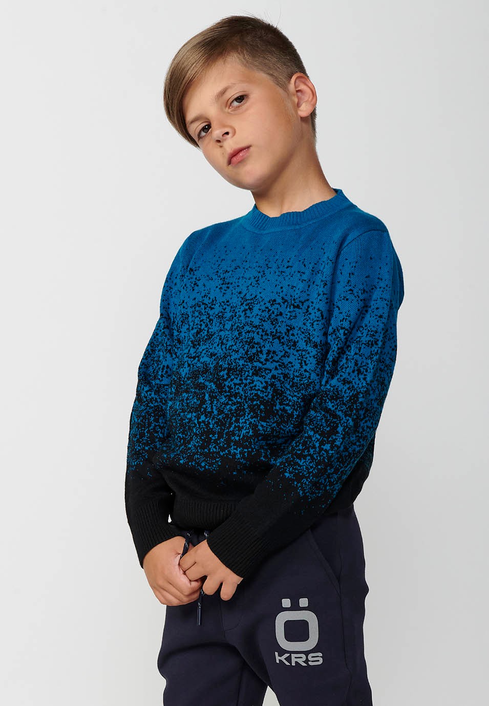 Jersey tricot de manga larga con Cuello redondo y Jaspeado color Azul para Niño