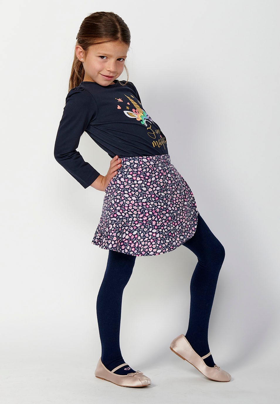 Girls Navy Floral Print Ruffled Elastic Waist Short Skirt