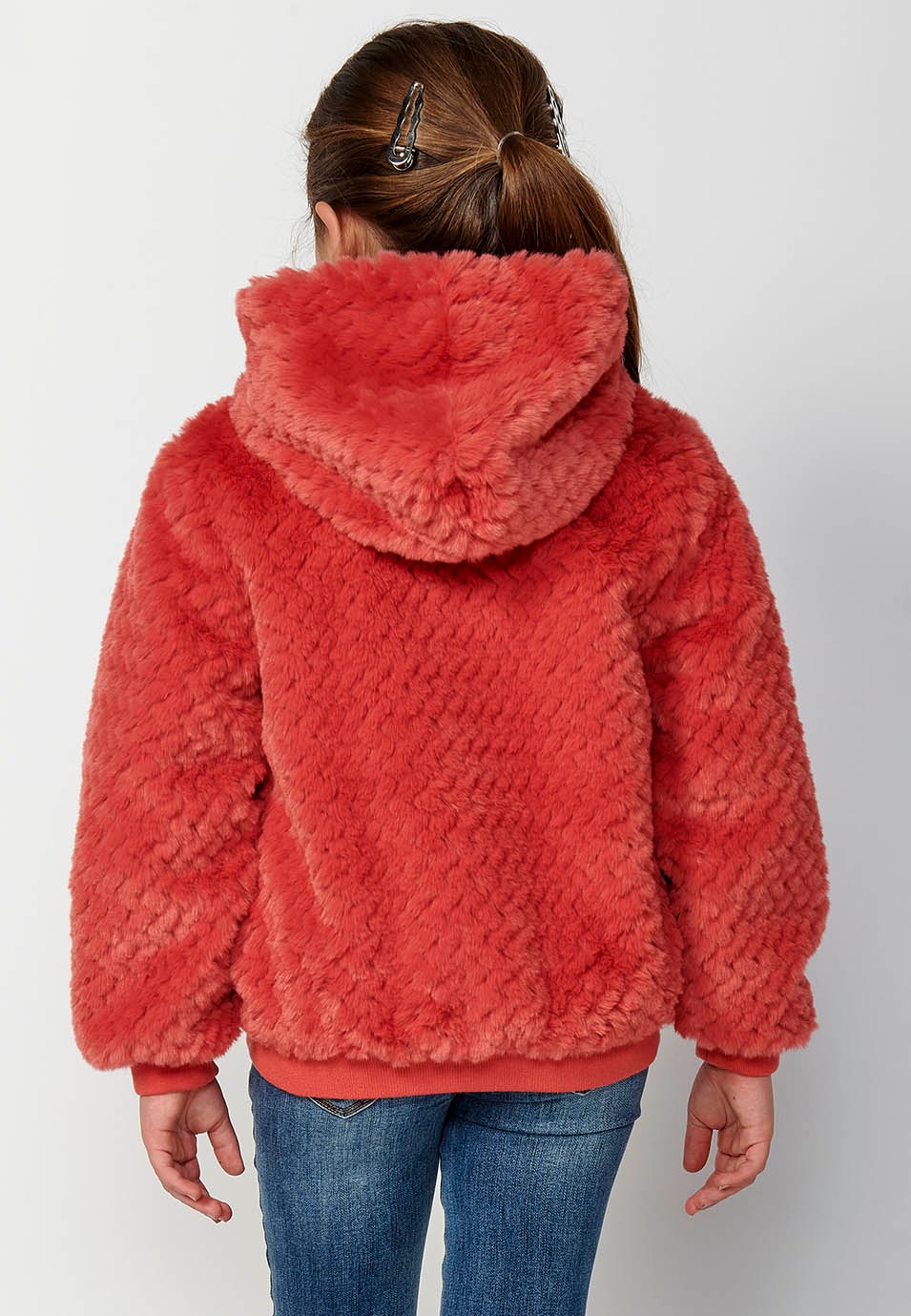 Chaqueta de manga larga con Cierre delantero con cremallera y botón de Pelo sintético color Coral para Niña