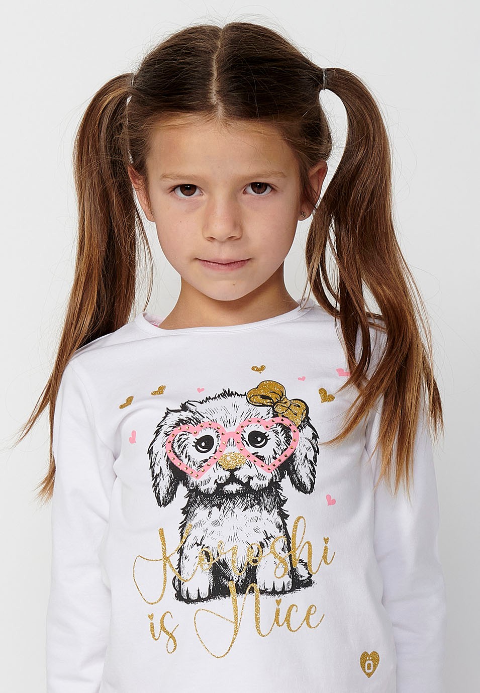 Long-sleeved ruffle-trim front print t-shirt for girls in white