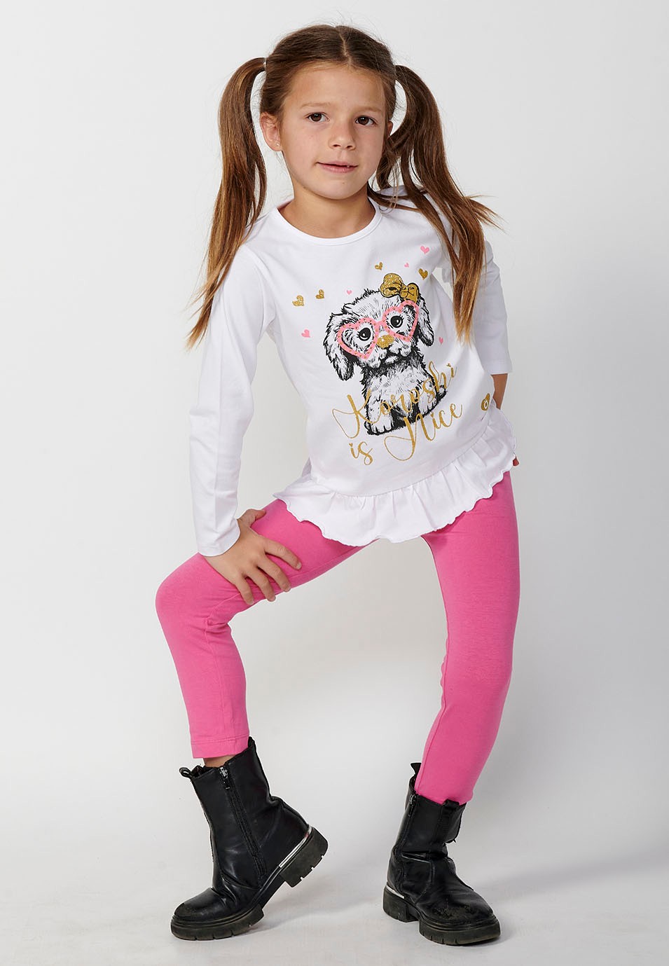 Long-sleeved ruffle-trim front print t-shirt for girls in white