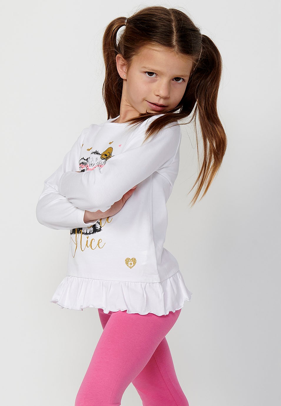 Long-sleeved ruffle-trim front print t-shirt for girls in white