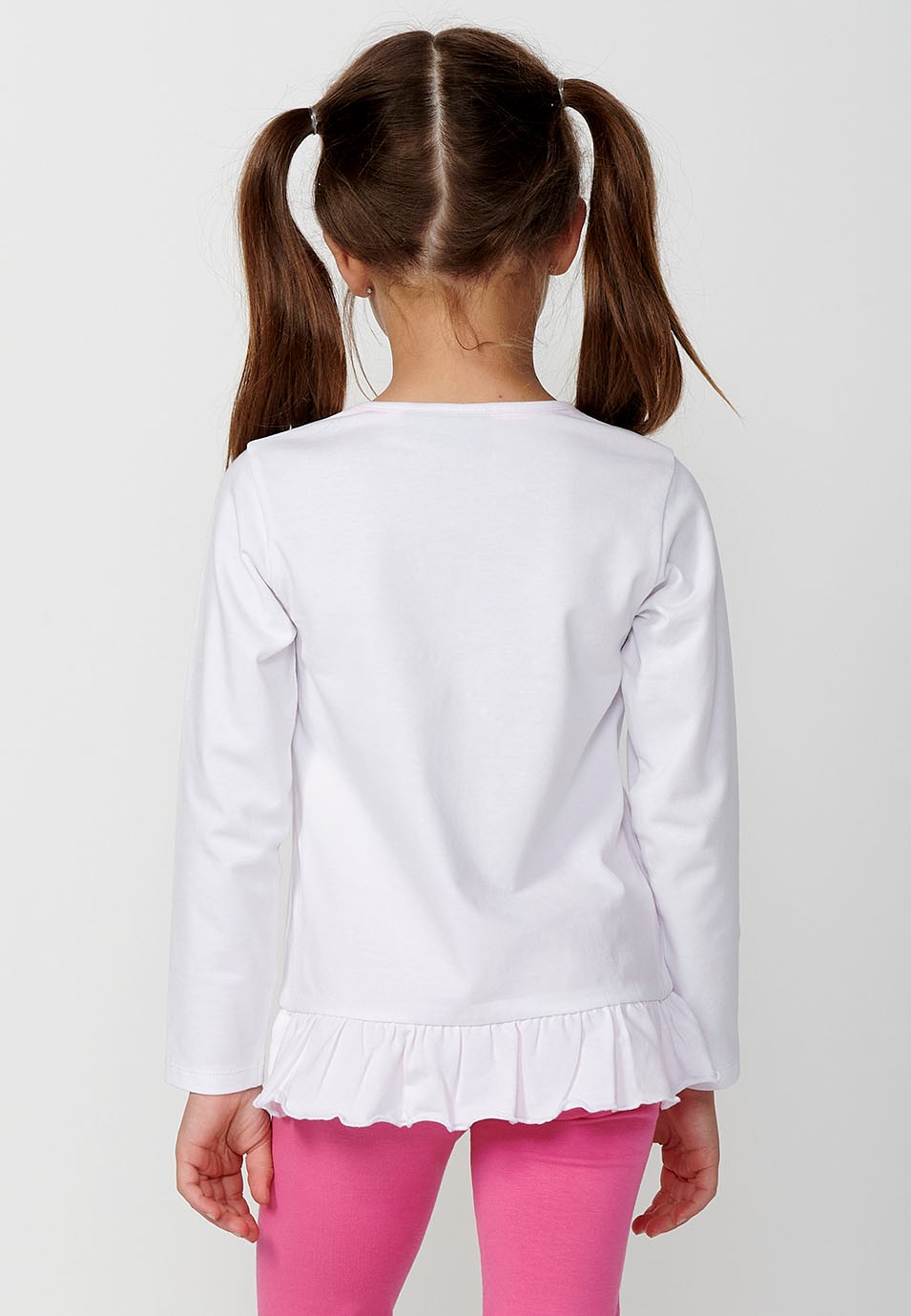 Long-sleeved ruffle-trim front print t-shirt for girls in white